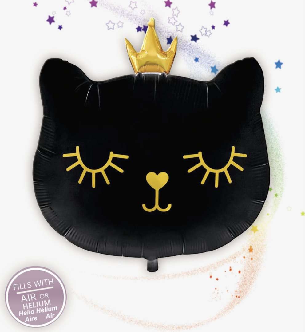 בלון אלומיניום ראש חתול שחור עם כתר בזהב